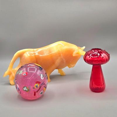 LOT 141: Carved Stone Bull Statue, Red Glass Mushroom Vase, and Gentile Glass Paperweight