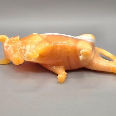 LOT 141: Carved Stone Bull Statue, Red Glass Mushroom Vase, and Gentile Glass Paperweight