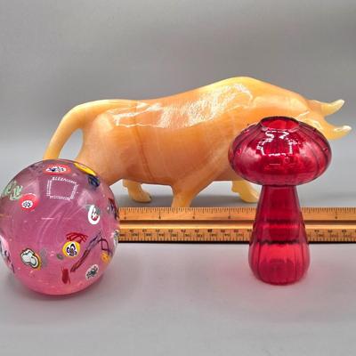 LOT 141: Carved Stone Bull Statue, Red Glass Mushroom Vase, and Gentile Glass Paperweight