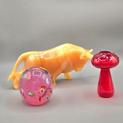 LOT 141: Carved Stone Bull Statue, Red Glass Mushroom Vase, and Gentile Glass Paperweight