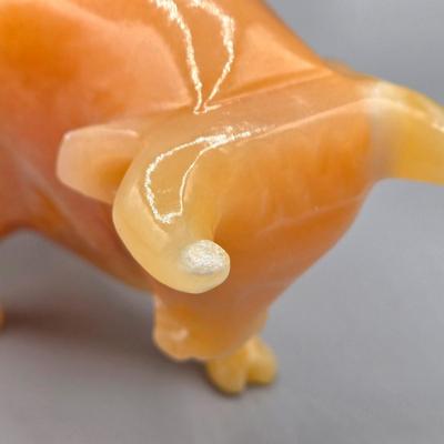 LOT 141: Carved Stone Bull Statue, Red Glass Mushroom Vase, and Gentile Glass Paperweight