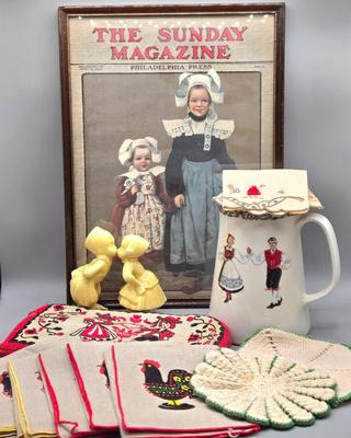 LOT 142: 5 Folk Art Rooster Napkins, 2 Crocheted Pot Holders, Ceramic Kissing Dutch Figurines, Vintage Figgjo Flint Norway Pitcher, and More