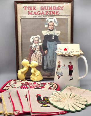 LOT 142: 5 Folk Art Rooster Napkins, 2 Crocheted Pot Holders, Ceramic Kissing Dutch Figurines, Vintage Figgjo Flint Norway Pitcher, and More