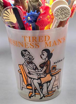 LOT 143: Vintage Old Rip Van Winkle New Jersey Bicentennial Cumberland Porcelain Decanter, 1960's Tired Business Highball Glass,...