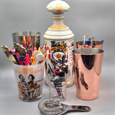 LOT 143: Vintage Old Rip Van Winkle New Jersey Bicentennial Cumberland Porcelain Decanter, 1960's Tired Business Highball Glass,...