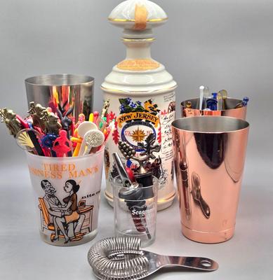 LOT 143: Vintage Old Rip Van Winkle New Jersey Bicentennial Cumberland Porcelain Decanter, 1960's Tired Business Highball Glass,...