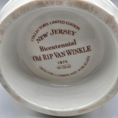 LOT 143: Vintage Old Rip Van Winkle New Jersey Bicentennial Cumberland Porcelain Decanter, 1960's Tired Business Highball Glass,...