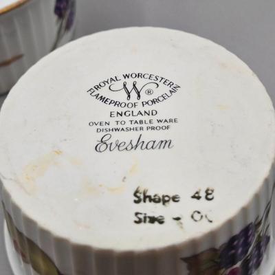 LOT 144: Vintage Lady Head Vase, 6 Royal Worcester Evesham Vale Ramekins, Picture Frame, Linen Napkins, Pottery Barn Salad Serving...