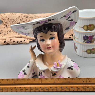 LOT 144: Vintage Lady Head Vase, 6 Royal Worcester Evesham Vale Ramekins, Picture Frame, Linen Napkins, Pottery Barn Salad Serving...