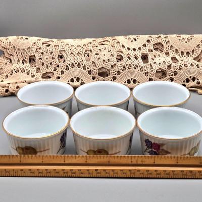 LOT 144: Vintage Lady Head Vase, 6 Royal Worcester Evesham Vale Ramekins, Picture Frame, Linen Napkins, Pottery Barn Salad Serving...