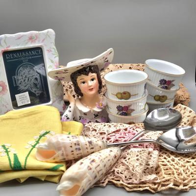 LOT 144: Vintage Lady Head Vase, 6 Royal Worcester Evesham Vale Ramekins, Picture Frame, Linen Napkins, Pottery Barn Salad Serving...