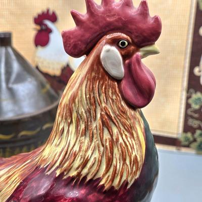 LOT 145: Vintage Terra Cotta Bread Warming Stone, Rooster Trivet, Vintage Rooster and Hen Ceramic Salt and Pepper Shakers, Beswick Figure...