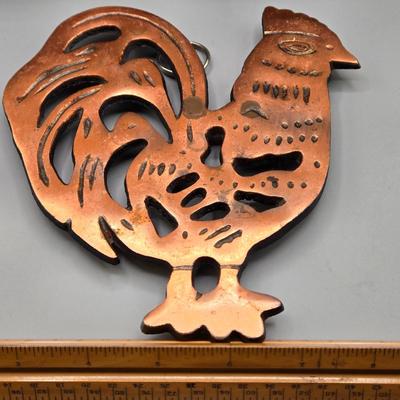 LOT 145: Vintage Terra Cotta Bread Warming Stone, Rooster Trivet, Vintage Rooster and Hen Ceramic Salt and Pepper Shakers, Beswick Figure...