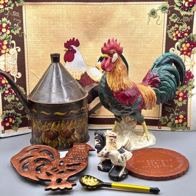 LOT 145: Vintage Terra Cotta Bread Warming Stone, Rooster Trivet, Vintage Rooster and Hen Ceramic Salt and Pepper Shakers, Beswick Figure...