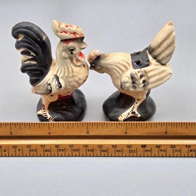 LOT 145: Vintage Terra Cotta Bread Warming Stone, Rooster Trivet, Vintage Rooster and Hen Ceramic Salt and Pepper Shakers, Beswick Figure...