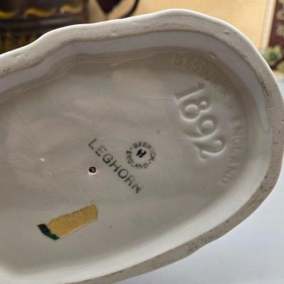 LOT 145: Vintage Terra Cotta Bread Warming Stone, Rooster Trivet, Vintage Rooster and Hen Ceramic Salt and Pepper Shakers, Beswick Figure...