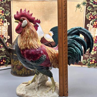 LOT 145: Vintage Terra Cotta Bread Warming Stone, Rooster Trivet, Vintage Rooster and Hen Ceramic Salt and Pepper Shakers, Beswick Figure...