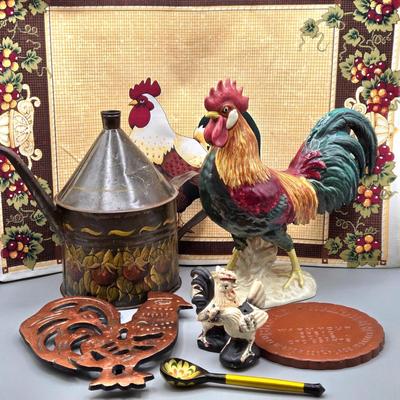 LOT 145: Vintage Terra Cotta Bread Warming Stone, Rooster Trivet, Vintage Rooster and Hen Ceramic Salt and Pepper Shakers, Beswick Figure...