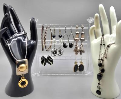 LOT 146J: Vintage Black with Silver-tone and Gold-tone Jewelry, Including Multiple Pierced Earrings and More