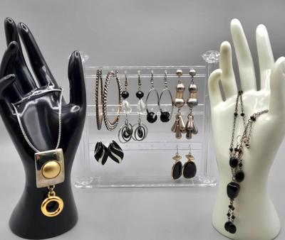 LOT 146J: Vintage Black with Silver-tone and Gold-tone Jewelry, Including Multiple Pierced Earrings and More