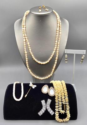 LOT 148J: Vintage Jewelry Including Butterfly Stick Pin, Freshwater Pearl Necklace with Matching Earrings, and More