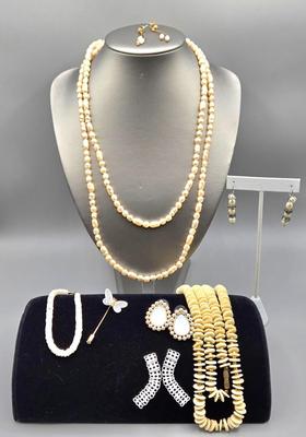 LOT 148J: Vintage Jewelry Including Butterfly Stick Pin, Freshwater Pearl Necklace with Matching Earrings, and More