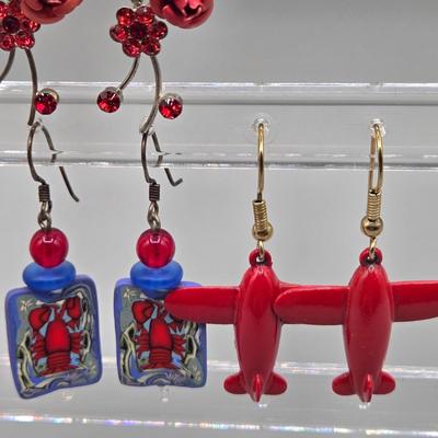 LOT 149J: Red Roses, Red Planes, Red Hoops, Red Crabs Pierced Earrings and More