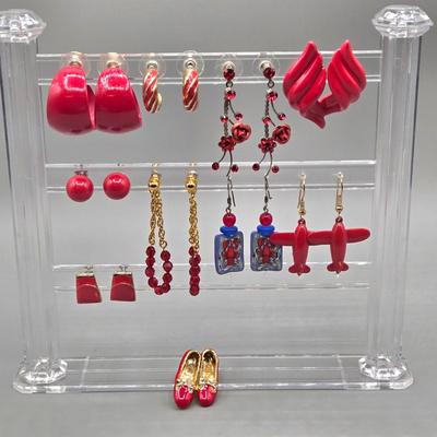 LOT 149J: Red Roses, Red Planes, Red Hoops, Red Crabs Pierced Earrings and More