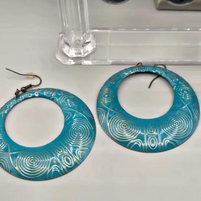 LOT 150J: Vintage Square Plastic Turquoise Red Poppy Flower Leaf Enamel Stud Earrings,Teal Blue Round Spiral Button Studs, Aqua Blue...