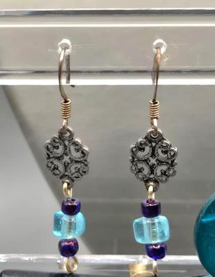 LOT 150J: Vintage Square Plastic Turquoise Red Poppy Flower Leaf Enamel Stud Earrings,Teal Blue Round Spiral Button Studs, Aqua Blue...