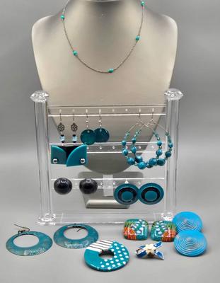 LOT 150J: Vintage Square Plastic Turquoise Red Poppy Flower Leaf Enamel Stud Earrings,Teal Blue Round Spiral Button Studs, Aqua Blue...