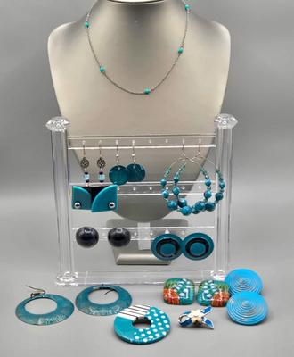 LOT 150J: Vintage Square Plastic Turquoise Red Poppy Flower Leaf Enamel Stud Earrings,Teal Blue Round Spiral Button Studs, Aqua Blue...