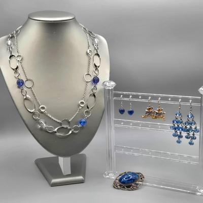 LOT 151J: Art Nouveau Blue Stone Brooch, Blue Heart Earrings, Glass Bead Earrings, Silver-tone Bead Necklaces, and More