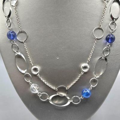 LOT 151J: Art Nouveau Blue Stone Brooch, Blue Heart Earrings, Glass Bead Earrings, Silver-tone Bead Necklaces, and More