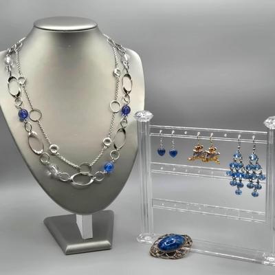 LOT 151J: Art Nouveau Blue Stone Brooch, Blue Heart Earrings, Glass Bead Earrings, Silver-tone Bead Necklaces, and More