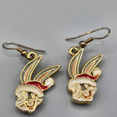 LOT 153J: Variety of Vintage Clip and Pierced Earrings and Pins Including Fall Leaves, Shamrocks, Holly, Bugs Bunny Santa, and More