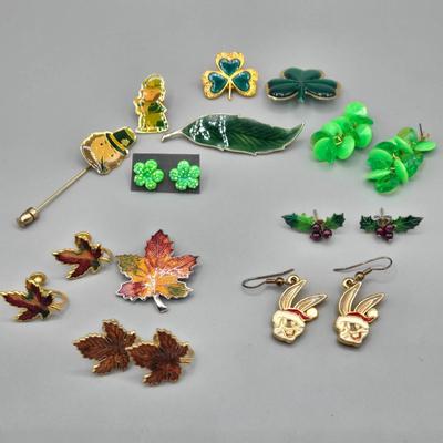 LOT 153J: Variety of Vintage Clip and Pierced Earrings and Pins Including Fall Leaves, Shamrocks, Holly, Bugs Bunny Santa, and More