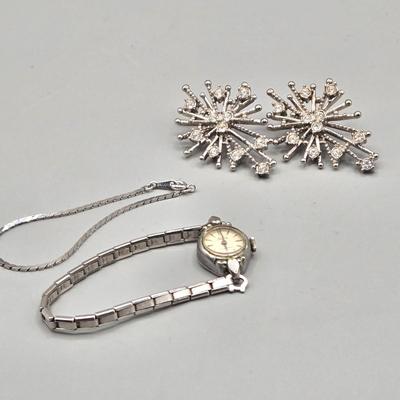 LOT 155J: Vintage Avon Snowflake Rhinestone Earrings, Elgin Starlite Silver Tone 17 Jewels Watch, and Silver-tone Bracelet