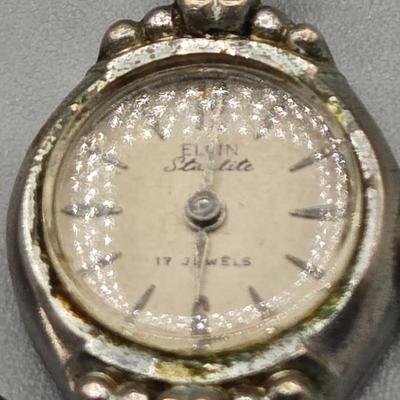 LOT 155J: Vintage Avon Snowflake Rhinestone Earrings, Elgin Starlite Silver Tone 17 Jewels Watch, and Silver-tone Bracelet