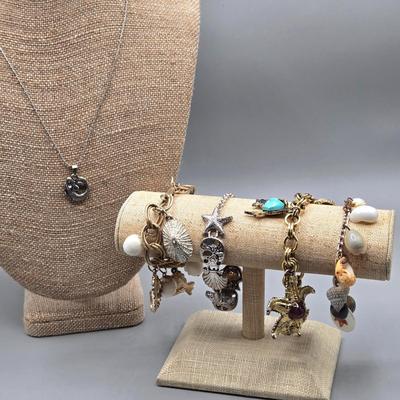 LOT 156J: Alex and Ani Silver-tone Mermaid Necklace and Shell and Beach Themed Charm Bracelets