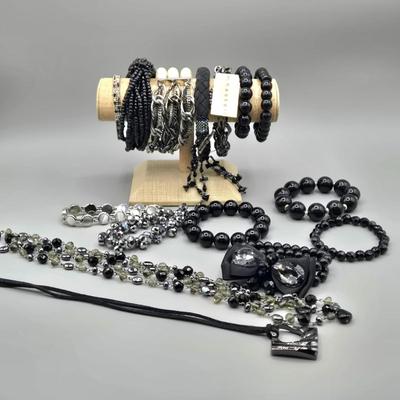 LOT 157J: Black and Silver-tone Bracelets and Necklaces