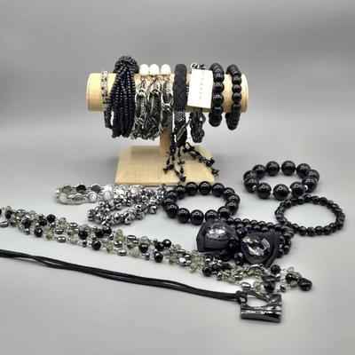 LOT 157J: Black and Silver-tone Bracelets and Necklaces