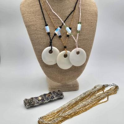 LOT 160J: Polished Stone Necklaces, Gold and Silver Colored Bead Necklace, and Multi Colored Faux Gemstone Bracelet