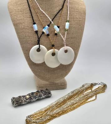 LOT 160J: Polished Stone Necklaces, Gold and Silver Colored Bead Necklace, and Multi Colored Faux Gemstone Bracelet