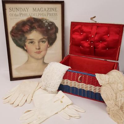 LOT 161: Framed Sunday Magazine Print with Prince Albert Tobacco Ad, Vintage Plastic Woven Sewing Box with Ladies Gloves & Lace Shawls
