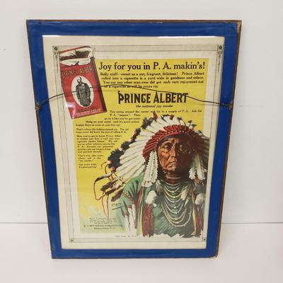 LOT 161: Framed Sunday Magazine Print with Prince Albert Tobacco Ad, Vintage Plastic Woven Sewing Box with Ladies Gloves & Lace Shawls