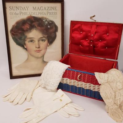 LOT 161: Framed Sunday Magazine Print with Prince Albert Tobacco Ad, Vintage Plastic Woven Sewing Box with Ladies Gloves & Lace Shawls