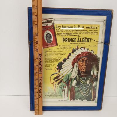 LOT 161: Framed Sunday Magazine Print with Prince Albert Tobacco Ad, Vintage Plastic Woven Sewing Box with Ladies Gloves & Lace Shawls