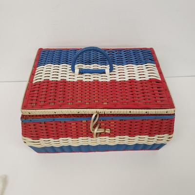 LOT 161: Framed Sunday Magazine Print with Prince Albert Tobacco Ad, Vintage Plastic Woven Sewing Box with Ladies Gloves & Lace Shawls