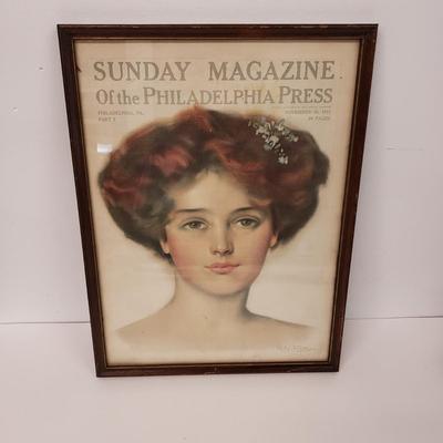 LOT 161: Framed Sunday Magazine Print with Prince Albert Tobacco Ad, Vintage Plastic Woven Sewing Box with Ladies Gloves & Lace Shawls